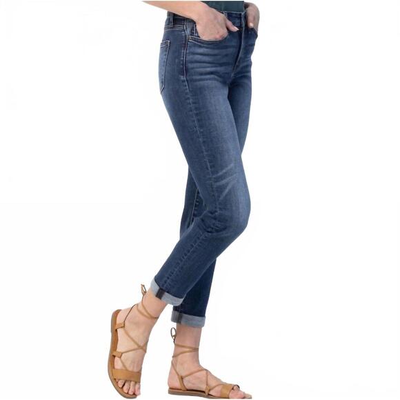 NEW JUDY BLUE basic cuffed slim fit boyfriend jeans in blue - Picture 4 of 5